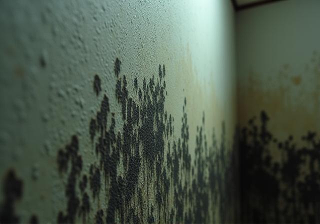 Visible black mold growth on the drywall of a damp basement.