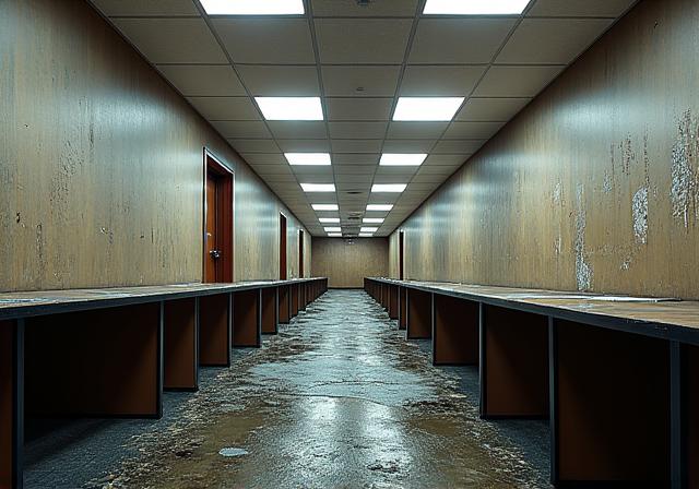 Water-damaged office space with soaked carpets and warped desks.