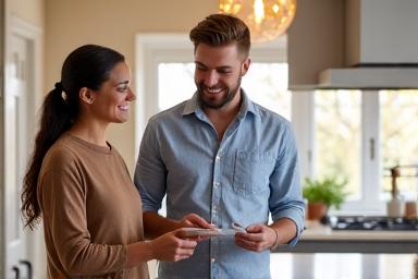 Project manager and homeowner smiling in a restored kitchen.