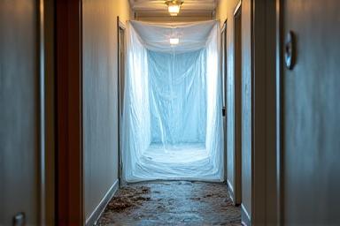 Containment barrier set up in a damaged hallway.