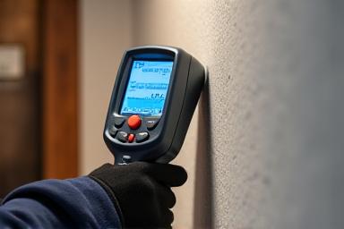 Technician using a moisture meter on a wall.