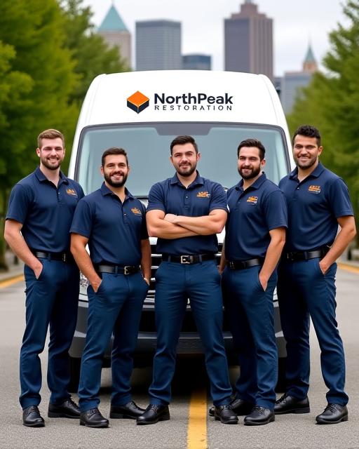 NorthPeak Restoration team standing proudly in front of a company service vehicle.